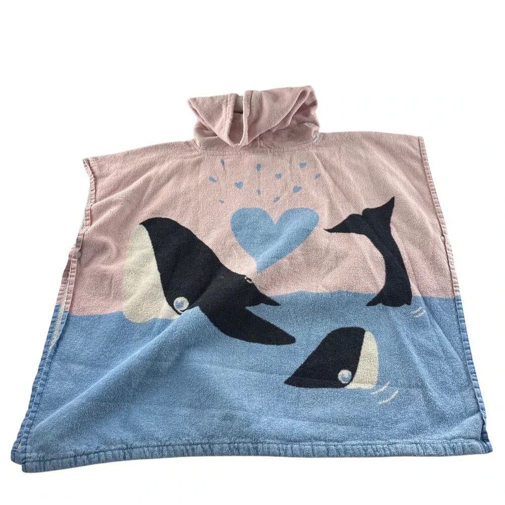 Huntington Home Kids Pink Blue Whale Hooded Poncho Beach Bath Towel 100% Cotton